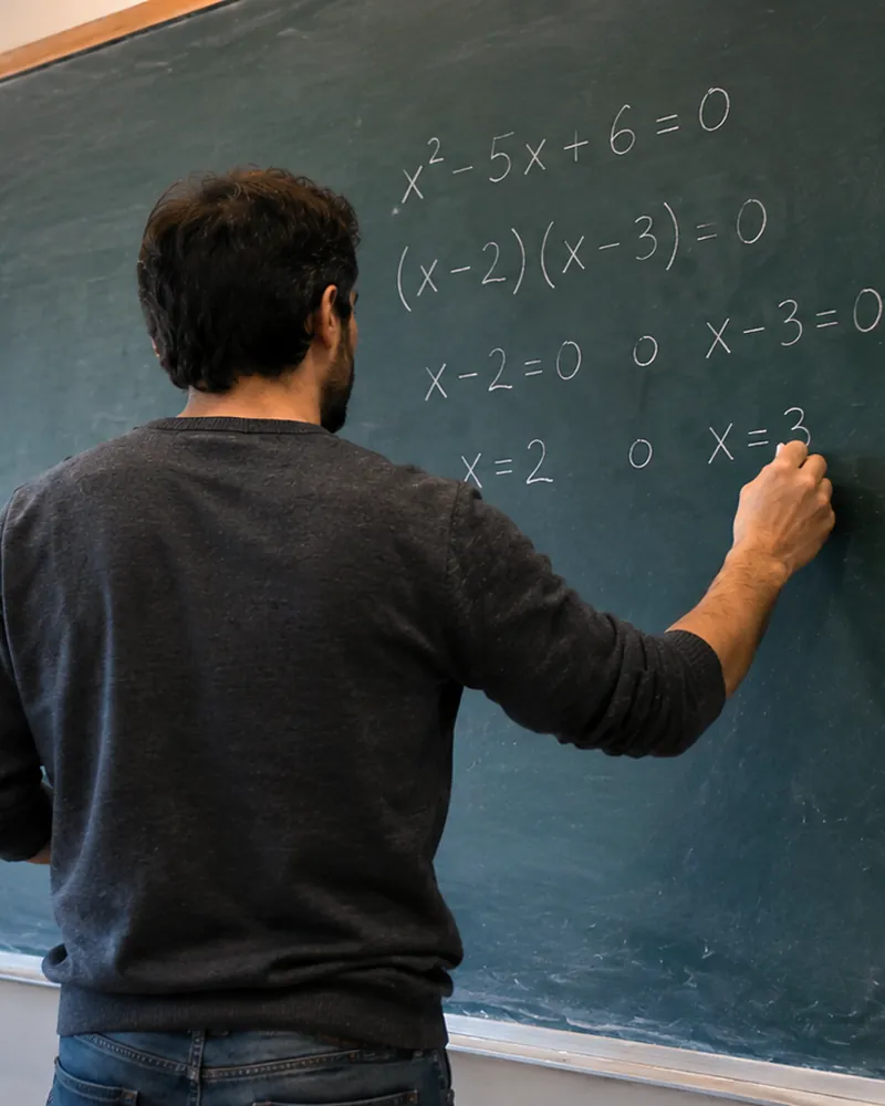 Profesor resolviendo una ecuación de segundo grado en la pizarra durante una clase de matemáticas
